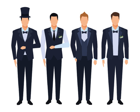 men wearing tuxedo avatar cartoon characters with bow tie, top hat and waistcoat vector illustration graphic designのイラスト素材