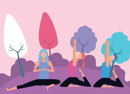 people yoga poses avatars cartoon character ponytail in the park at night vector illustration graphic designのイラスト素材