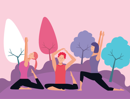 people yoga poses avatars cartoon character short hair ponytail in the park at night vector illustration graphic designのイラスト素材