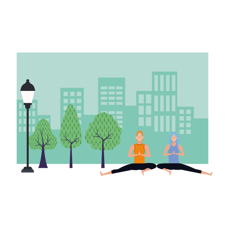 couple yoga poses avatars cartoon character in the park cityscape vector illustration graphic designのイラスト素材