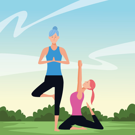 women yoga poses avatar cartoon character in the park vector illustration graphic designのイラスト素材