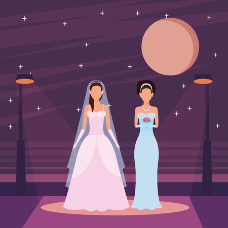 women wearing wedding dress avatars cartoon characters in the city street at night vector illustration graphic designのイラスト素材
