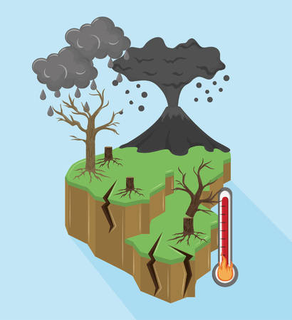 volcano erupting with dead tree and thermometer dark clouds icon cartoon vector illustration graphic designのイラスト素材