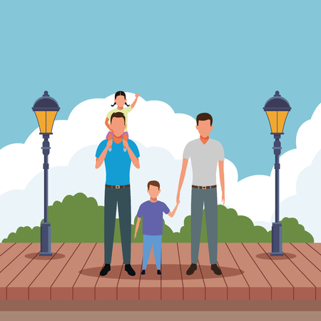 men with child holding hand and carrying on arms avatar cartoon character   at park wooden floor vector illustration graphic designのイラスト素材