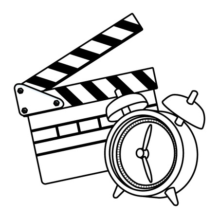 movie clapper board and alarm clock black and white vector illustration graphic designのイラスト素材