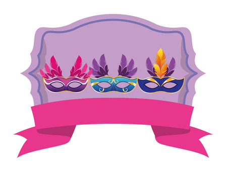 set of masks with feathers icon with ribbon cartoon vector illustration graphic designのイラスト素材