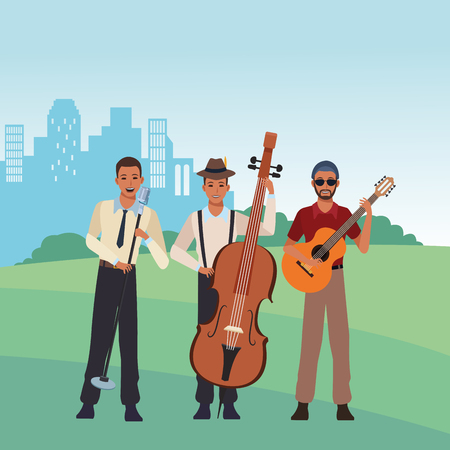 musician playing bass guitar and singing avatar cartoon character in the park cityscape skyscraper vector illustration graphic designのイラスト素材