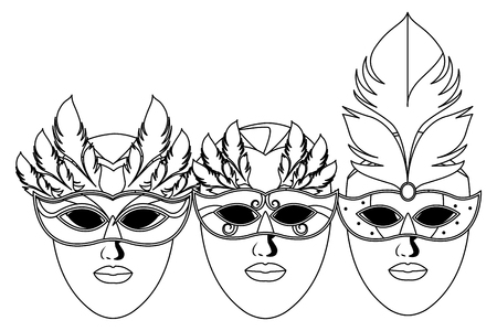 set of masks and feathers icon black and white vector illustration graphic designのイラスト素材