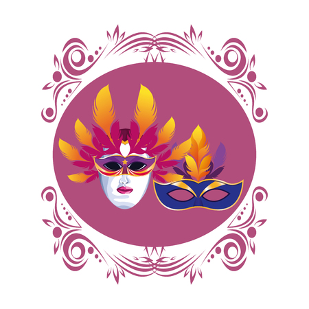 masks with feathers icon cartoon victorian style round icon vector illustration graphic designのイラスト素材