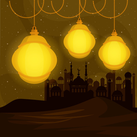 mosque silhouette and islamic lamps icon cartoonのイラスト素材