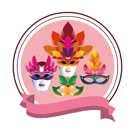 set of masks with feathers with ribbon round icon cartoon vector illustration graphic designのイラスト素材