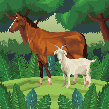 horse and goat icon cartoon wild landscape vector illustration graphic designのイラスト素材