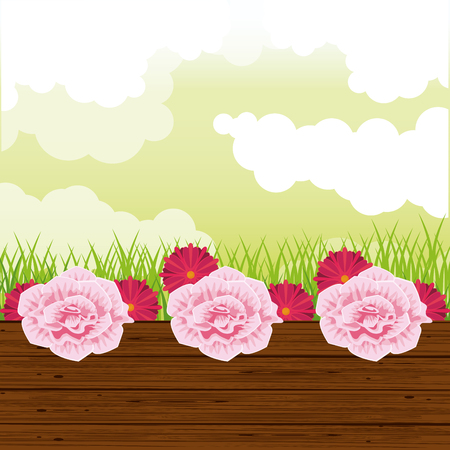 Beatiful garden with flowers sunny day scenery vector illustration graphic designのイラスト素材