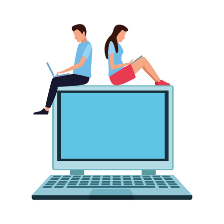 Coworkers seated on big laptop teamwork cartoon vector illustration graphic designのイラスト素材