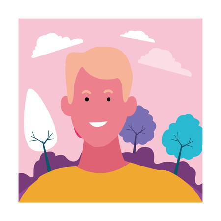 Young man smiling profile cartoon in the nature forest frameのイラスト素材