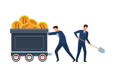 businessmen pushing mining cart with cryptocurrency bitcoin with shovel vector illustration graphic designのイラスト素材