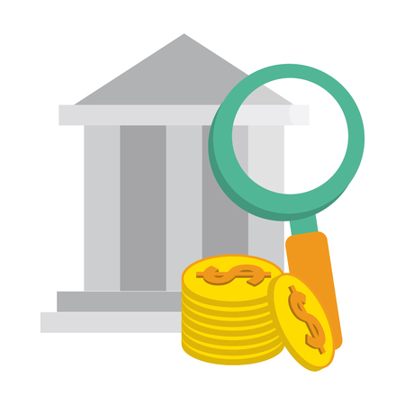 bank building with magnifying glass and coins vector illustration graphic designのイラスト素材