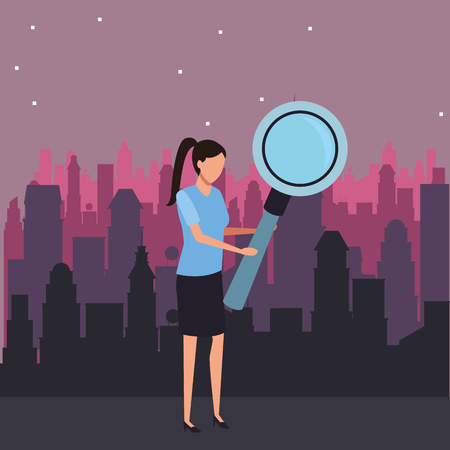 Businesswoman with magnifying glass over cityscape at night scenery vector illustration graphic designのイラスト素材