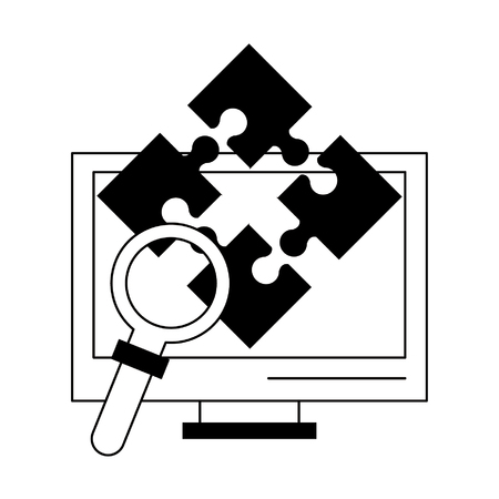 computer puzzle and magnifying glass icon cartoon vector illustration graphic designのイラスト素材