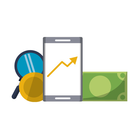 Invesment market business portafolio data tendency with cash and magnifying glass vector illustration graphic desingのイラスト素材