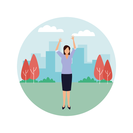 businesswoman avatar cartoon character in the park cityscape round icon vector illustration graphic designのイラスト素材
