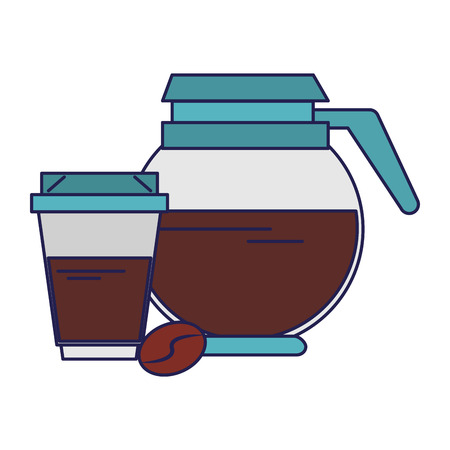 Coffee pot hot drink with plastic cup with lid and sleeve and bean coffeeshop equipment vector illustration graphic desingのイラスト素材