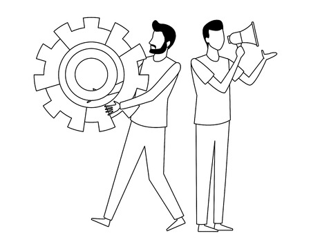 Coworkers men with big gear and bullhorn teamwork cartoon vector illustration graphic designのイラスト素材