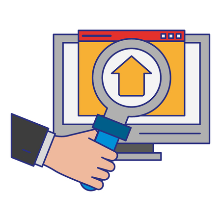 computer with upload sign and magnifying glass icon cartoon vector illustration graphic designのイラスト素材