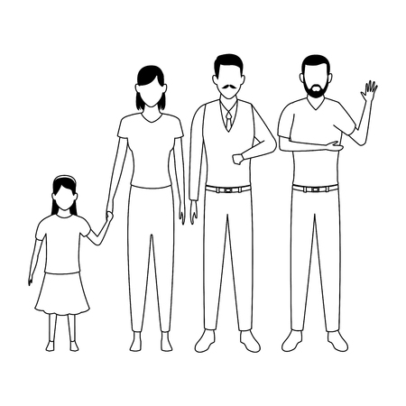 family avatar cartoon character grandparent child black and white vector illustration graphic designのイラスト素材