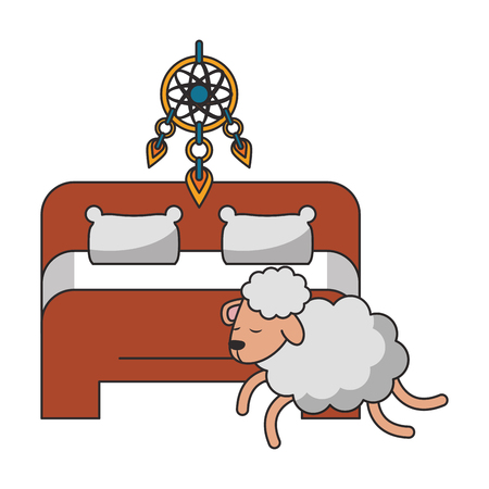 Sleeping and resting bed with dreamcatcher and sheep jumping cartoons vector illustration graphic designのイラスト素材