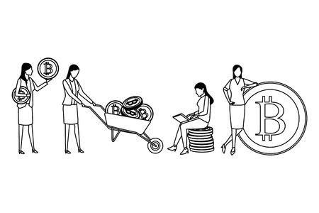 businesswomen holding cryptocurrency bitcoin with wheelbarrow and laptop black and white vector illustration graphic designのイラスト素材