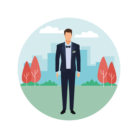man wearing tuxedo avatar cartoon character with bow tie and jacket in the park cityscape round icon vector illustration graphic designのイラスト素材