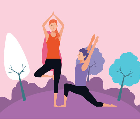 couple yoga poses avatars cartoon character in the park at night vector illustration graphic designのイラスト素材