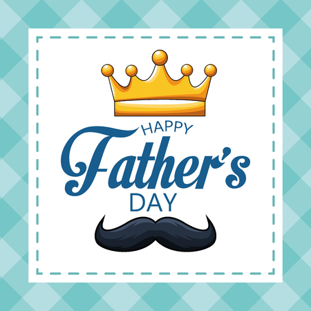 Happy fathers day card with crown and mustache cartoons over blue sweater pattern background vector illustration graphic designのイラスト素材