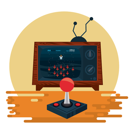 Retro videogame  arcade space combat ships joystick console old television round frame vector illustration graphic designのイラスト素材