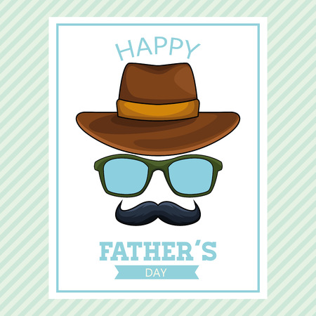 Happy fathers day card with glasses mustache and hat cartoon in square frame over striped background vector illustration graphic designのイラスト素材