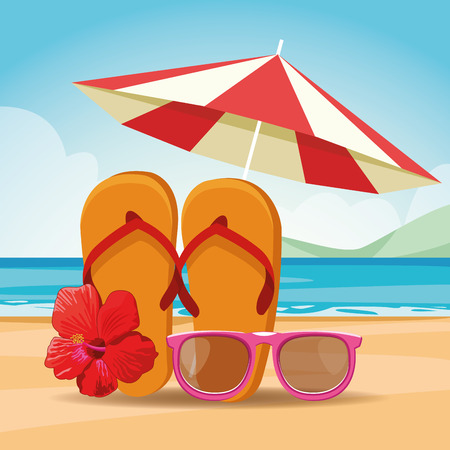 sandals sunglasses and umbrella beach landscape icon cartoon vector illustration graphic designのイラスト素材