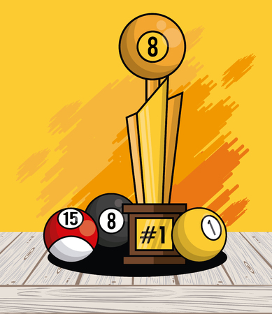 Sports balls equipment 8ball pool winner trophy fitness physical activity card splash background vector illustration graphic designのイラスト素材