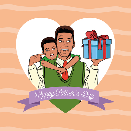 Happy fathers day card with pop art dad and son holding gift box cartoons over heart frame background and ribbon banner vector illustration graphic designのイラスト素材