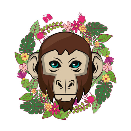 Monkey face cool sketch on flowers and leaves wreath vector illustration graphic designのイラスト素材