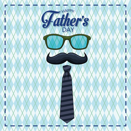 Happy fathers day card with glasses mustache and tie cartoon over sweater blue pattern background vector illustration graphic designのイラスト素材