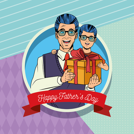 Happy fathers day card with father and son with gift box pop art cartoon ribbon banner vector illustration graphic designのイラスト素材