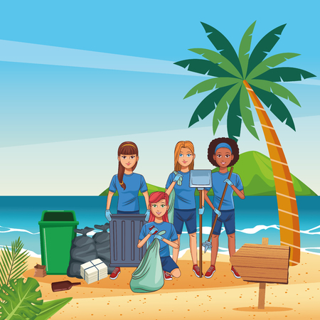 Teenagers with trash can cleaning the beach cartoon scenery vector illustration graphic designのイラスト素材