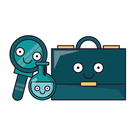 Business briefcase with magnifying glass and flask smiling cartoons vector illustration graphic designのイラスト素材