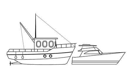 Fishing boat sea travel and work vehicle with lines and nets and yatch black and white vector illustration graphic designのイラスト素材