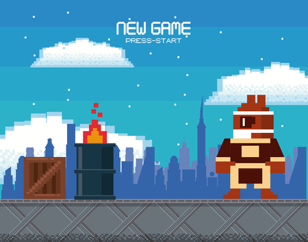 Retro videogame  screen arcade background card action adventure fire barrel platformer character vector illustration graphic designのイラスト素材