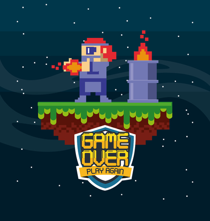 Retro videogame  screen arcade background card  action adventure platformer character shooting fireballs character vector illustration graphic designのイラスト素材