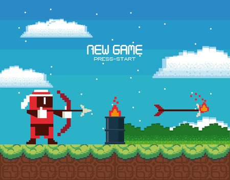Retro videogame  screen arcade background card  action adventure platformer archer fire arrow character vector illustration graphic designのイラスト素材