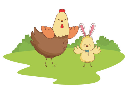 Happy farm animals hen and chick easter season drawing  on grass with trees round icon scenery vector illustration graphic designのイラスト素材