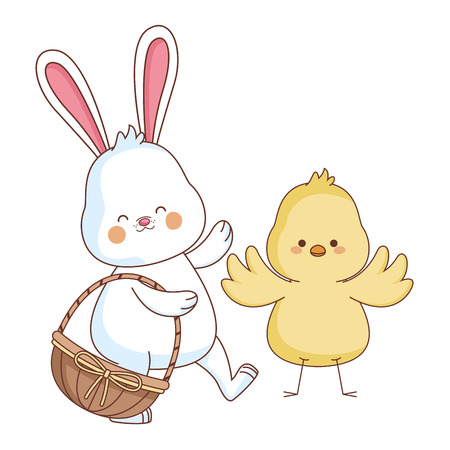 Happy farm animals hen white bunny and chick carrying wicker basket easter season drawing vector illustration graphic designのイラスト素材